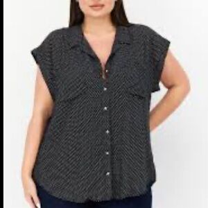 JACHS GIRLFRIEND Women Spread Collar Cap Sleeves Print Blouse Black White